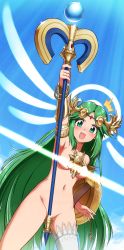 Rule 34 | 1girl, :d, ^^^, aqua eyes, arm up, armlet, blue sky, blush, bracelet, bracer, breasts, cloud, collarbone, convenient censoring, cowboy shot, day, dutch angle, gem, glint, gold, green hair, highres, holding, holding staff, jewelry, kid icarus, legs apart, light beam, light censor, medium breasts, necklace, nintendo, open mouth, palutena, parted bangs, partially undressed, shield, single thighhigh, sky, smile, solo, sparkle, staff, straight hair, surprised, sweat, takahashi umori, thighhighs, tiara, twitter username, white thighhighs