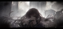 Rule 34 | 1girl, absurdres, adjusting collar, building, cloud, crystalherb, day, grey eyes, grey theme, hands up, highres, jacket, letterboxed, long hair, long sleeves, looking at viewer, original, outdoors, skyscraper, solo, track jacket, upper body, very long hair, zipper