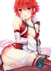 Rule 34 | 1girl, armor, ass, asuma shin, breasts, cleavage, fire emblem, fire emblem fates, garter straps, hinoka (fire emblem), nintendo, no bra, open clothes, panties, pantyshot, pauldrons, red hair, short hair, shoulder armor, simple background, sitting, small breasts, solo, thighhighs, underwear