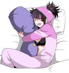 Rule 34 | 1girl, black bra, black hair, bra, breasts, cleavage, closed eyes, drooling, eye (mememem), han juri, highres, hood, medium breasts, multicolored hair, hugging object, official alternate costume, official alternate hairstyle, open mouth, pajamas, pillow, pillow hug, pink hair, pink pajamas, sleeping, solo, street fighter, street fighter 6, twintails, underwear, unzipped