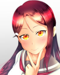 Rule 34 | 1girl, artist name, artist request, blush, breasts, brown eyes, brown hair, close-up, collarbone, collared shirt, female focus, grey sailor collar, hair between eyes, hair ornament, hair over shoulder, hairclip, half updo, highres, long hair, looking at viewer, love live!, love live! sunshine!!, masa sevenred, masakazu yamato, masakazu yamato (masa sevenred), neckerchief, necktie, orange eyes, parted lips, red hair, red neckerchief, sailor collar, sakurauchi riko, school uniform, shirt, short sleeves, small breasts, smile, solo, tie clip, upper body, uranohoshi school uniform, v, white background, white shirt, yamato masakazu, yellow eyes