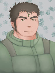 Rule 34 | 1boy, bara, black hair, character request, facial mark, forehead mark, green eyes, highres, long sideburns, male focus, mature male, mono (3436234), short hair, sideburns, smile, solo, thick eyebrows, tokyo houkago summoners, upper body, zao (housamo)