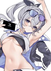Rule 34 | 1girl, armpits, blush, bow, breasts, commentary, crossed bangs, fur-trimmed jacket, fur trim, grey eyes, grey hair, hair bow, handheld game console, high ponytail, highres, holding, holding handheld game console, honkai: star rail, honkai (series), jacket, long hair, looking at viewer, medium breasts, midriff, navel, nintendo switch, oimo 0imo, silver wolf (honkai: star rail), simple background, solo, underboob, unfinished, upper body, white background