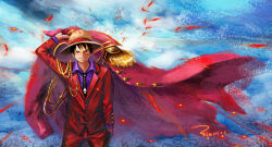 Rule 34 | 1boy, absurdres, black eyes, black hair, blue background, chinese commentary, closed mouth, coat, commentary request, dated, epaulettes, facial scar, hand in pocket, hat, highres, holding, holding clothes, holding coat, ljjshmhday, male focus, monkey d. luffy, one piece, scar, scar on cheek, scar on face, short hair, smile, solo, straw hat
