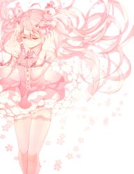 Rule 34 | 1girl, bad id, bad pixiv id, bow, cherry blossoms, closed eyes, detached sleeves, floating hair, hair bow, hatsune miku, highres, kurono kito, long hair, pink hair, pink theme, revision, sakura miku, simple background, skirt, smile, solo, thighhighs, twintails, very long hair, vocaloid, white background