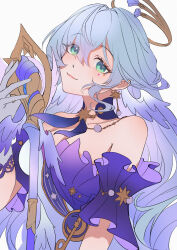 Rule 34 | 1girl, absurdres, arm at side, bare shoulders, blue hair, breasts, chinnpou, cleavage, closed mouth, collarbone, detached collar, detached sleeves, dress, earrings, eyes visible through hair, gloves, green eyes, hair between eyes, halo, hand up, head tilt, head wings, highres, holding, holding staff, honkai: star rail, honkai (series), jewelry, large breasts, lips, long hair, looking at viewer, purple sleeves, robin (honkai: star rail), short sleeves, sidelocks, simple background, smile, solo, staff, strapless, strapless dress, upper body, white background, white dress, white gloves, wings