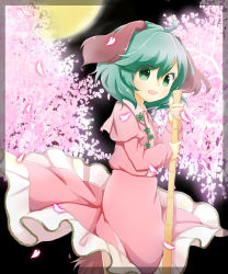 Rule 34 | 1girl, ahoge, animal ears, bad id, bad pixiv id, broom, cherry blossoms, ellipsis (mitei), full moon, green eyes, green hair, highres, holding, kasodani kyouko, looking at viewer, matching hair/eyes, moon, night, open mouth, petals, short hair, smile, solo, tail, touhou