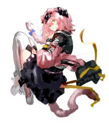 Rule 34 | 1girl, animal ears, arknights, black hairband, black jacket, black skirt, blue bow, bow, braid, cat ears, cat girl, cat tail, frilled skirt, frills, from side, goldenglow (arknights), hair between eyes, hair bow, hairband, highres, jacket, knees up, lightning bolt print, long sleeves, looking at viewer, looking to the side, open clothes, open jacket, orange eyes, pink footwear, pink hair, print hairband, puffy long sleeves, puffy sleeves, shoes, simple background, single braid, skirt, solo, tail, thighhighs, white background, white thighhighs, yacchi (yxxrem)