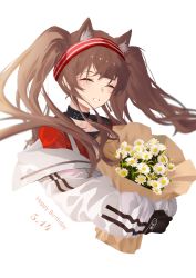 Rule 34 | 1girl, :d, ^ ^, absurdres, angelina (arknights), animal ear fluff, animal ears, arknights, black gloves, blush, bouquet, brown hair, closed eyes, cropped torso, facing viewer, flower, fox ears, gloves, grin, hairband, happy, happy birthday, highres, holding, holding bouquet, infection monitor (arknights), long hair, long sleeves, off shoulder, open mouth, puffy long sleeves, puffy sleeves, sidelocks, simple background, smile, solo, teeth, twintails, two-tone hairband, very long hair, white background, white flower, xiaobei