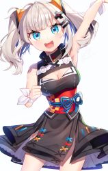 Rule 34 | 1girl, ahoge, arm up, armpits, asymmetrical hair, bare shoulders, black dress, blue eyes, breasts, cleavage, clenched hand, clothing cutout, cowboy shot, dress, gunjou row, hair ornament, hairclip, highres, kaguya luna, layered skirt, leaning to the side, long hair, looking at viewer, lower teeth only, medium breasts, obi, open mouth, sash, silver hair, simple background, single sidelock, skirt, sleeveless, smile, solo, teeth, the moon studio, thighs, twintails, virtual youtuber, waving, white background, wrist wrap, x hair ornament