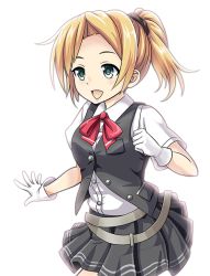 Rule 34 | 1girl, asymmetrical hair, belt, blonde hair, blouse, commentary request, flipped hair, gloves, grey eyes, kantai collection, maikaze (kancolle), open mouth, parted bangs, pleated skirt, ponytail, red ribbon, ribbon, school uniform, scrunchie, shirt, short ponytail, short sleeves, simple background, skirt, solo, tk8d32, vest, white background, white gloves, white shirt