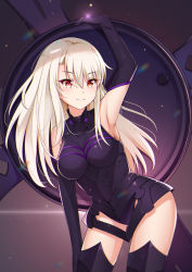 Rule 34 | 1girl, absurdres, aged up, arm up, armor, bad id, bad pixiv id, bare shoulders, black legwear, blonde hair, boobplate, breastplate, breasts, catnnn, cosplay, fate/grand order, fate/kaleid liner prisma illya, fate (series), gloves, hair between eyes, highres, holding, holding shield, illyasviel von einzbern, large breasts, long hair, looking at viewer, mash kyrielight, mash kyrielight (cosplay), purple gloves, red eyes, revision, shield, smile