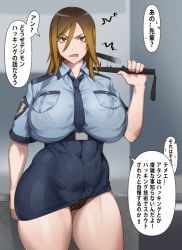 Rule 34 | 1girl, alternate breast size, angry, animal print, arm at side, arm up, baton, belt, bikini, bikini under clothes, blonde hair, blue necktie, blue shirt, blue skirt, blurry, blurry background, breast pocket, breasts, brown eyes, brown hair, closed mouth, clothes lift, collared shirt, comic, cowboy shot, date makiko, digimon, digimon story: cyber sleuth, frown, gigantic breasts, gradient hair, high belt, huge breasts, impossible clothes, kunaboto, leopard print, long hair, looking at viewer, motion blur, multicolored hair, necktie, outdoors, panties, pantyshot, parted bangs, plump, pocket, police, police uniform, policewoman, shiny clothes, shiny skin, shirt, short sleeves, skindentation, skirt, skirt lift, solo, swimsuit, thick thighs, thighs, tight clothes, translated, underwear, uniform