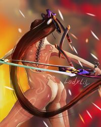 Rule 34 | 1girl, arched back, artist name, ass, black hair, breasts, eve (stellar blade), facing away, fighting stance, highres, holding, holding sword, holding weapon, lady.lily, long hair, medium breasts, skin suit (stellar blade), skin tight, solo, sparks, spine, stellar blade, sword, thighs, very long hair, weapon