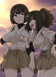 Rule 34 | 10s, 2girls, blush, breasts, brown eyes, brown hair, hair ornament, hair ribbon, hand on own hip, hyuuga (kancolle), ise (kancolle), japanese clothes, kantai collection, large breasts, multiple girls, omuraisu echizen, open mouth, ponytail, ribbon, short hair, skirt, smile, sunset