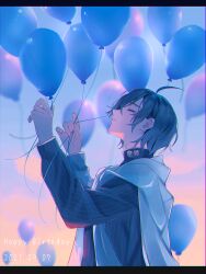 Rule 34 | 1boy, absurdres, ahoge, balloon, black hair, black jacket, blurry, blurry background, cape, closed eyes, closed mouth, danganronpa (series), danganronpa v3: killing harmony, dated, day, facing up, hands up, happy birthday, highres, jacket, male focus, outdoors, profile, saihara shuichi, short hair, striped clothes, striped jacket, urami0310, white cape