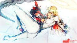 Rule 34 | 1girl, ahoge, alexander chesnok, arc system works, ass, blonde hair, bodysuit, breasts, chain, gloves, guilty gear, guilty gear xrd, guilty gear xrd: revelator, halo, highres, jack-o&#039; valentine, long hair, looking at viewer, multicolored hair, pantylines, red eyes, red hair, shiny clothes, skin tight, smile, solo, very long hair