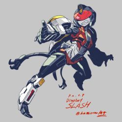 1girl artist_name autobot breasts character_name claws female_focus full_body grey_background kamizono_(spookyhouse) legs looking_at_viewer machinery personification red_eyes sharp_teeth slash_(dinobot) smile solo teeth transformers