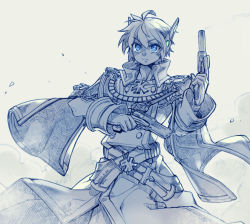 Rule 34 | 1boy, ahoge, blue eyes, buttons, chain, closed mouth, coat, commentary request, cowboy shot, double-breasted, dual wielding, dust cloud, emblem, eric flay, greyscale, gun, handgun, hatching (texture), holding, holding gun, holding weapon, long sleeves, looking at viewer, male focus, monochrome, pants, pistol, ragnarok online, rebellion (ragnarok online), short hair, smile, smoke, smoking gun, solo, spot color, weapon