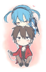 Rule 34 | 1boy, 1girl, black eyes, black hair, black shirt, black skirt, blue hair, blue jacket, blush, brown jacket, brown pants, casual, chibi, closed mouth, collarbone, collared jacket, commentary request, cropped legs, digital media player, double-parted bangs, earphones, empty eyes, ene (kagerou project), expressionless, facial mark, facing another, facing down, facing viewer, full body, gradient background, hair between eyes, hand on another&#039;s head, headphones, heart, highres, holding digital media player, jacket, kagerou project, kisaragi shintarou, kyokutsuki, long sleeves, looking up, miniskirt, on head, pants, pink background, pleated skirt, red jacket, sanpaku, shirt, short hair, single stripe, sitting, sketch, skirt, smile, striped clothes, striped jacket, sweat, t-shirt, track jacket, white background, white stripes