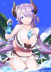 Rule 34 | 10s, 1girl, :d, bad id, bad pixiv id, bare shoulders, between breasts, bikini, blue eyes, blurry, breasts, cleavage, cloud, day, depth of field, draph, granblue fantasy, hair ornament, hair over one eye, holding, horns, large breasts, light purple hair, long hair, looking at viewer, mob., narmaya (granblue fantasy), narmaya (summer) (granblue fantasy), open mouth, palm tree, pointy ears, ramune, sky, smile, solo, swimsuit, thigh strap, tree, very long hair, water, white bikini