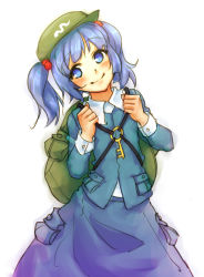 Rule 34 | 1girl, backpack, bag, blue hair, blush, hair bobbles, hair ornament, hat, head tilt, kawashiro nitori, key, long skirt, monorus, short hair, short twintails, simple background, skirt, smile, solo, touhou, twintails, two side up