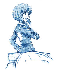 Rule 34 | 10s, 1girl, anglerfish, animal print, bbb (friskuser), blue theme, commentary request, emblem, fish, girls und panzer, gloves, hand on own hip, jacket, monochrome, nishizumi miho, short hair, simple background, sketch, solo, tank turret, white background