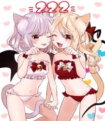 Rule 34 | 2girls, animal ears, bad id, bad pixiv id, bat wings, bell, between legs, blonde hair, bow, cat ears, cat tail, cheek-to-cheek, contrapposto, fang, flandre scarlet, gotou (nekocat), hair bow, holding hands, heads together, interlocked fingers, jingle bell, kemonomimi mode, light purple hair, multiple girls, navel, one eye closed, open mouth, panties, paw pose, pink panties, pointy ears, red bow, red eyes, red panties, remilia scarlet, siblings, sisters, smile, standing, stomach, tail, tail between legs, touhou, underwear, underwear only, wings, wrist cuffs