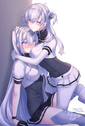 Rule 34 | 2girls, anchor, between breasts, black gloves, black skirt, blue eyes, blush, bodysuit, breasts, closed eyes, closed mouth, clothes writing, commentary request, dated, face between breasts, fuyutsuki (kancolle), gloves, grey thighhighs, hachimaki, hair between eyes, head between breasts, headband, highres, kabocha torute, kantai collection, large breasts, long hair, multiple girls, nose blush, one side up, pleated skirt, sailor collar, school uniform, serafuku, short sleeves, simple background, sitting, skirt, suzutsuki (kancolle), sweat, thighhighs, twitter username, white bodysuit, white headband, white skirt, yuri