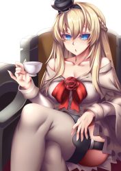 Rule 34 | 10s, 1girl, bare shoulders, blonde hair, blue eyes, breasts, chestnut mouth, cleavage, collarbone, crossed legs, cup, dress, fi-san, garter straps, grey thighhighs, hat, highres, kantai collection, large breasts, long hair, looking at viewer, off-shoulder dress, off shoulder, sitting, solo, teacup, thighhighs, transparent background, warspite (kancolle)