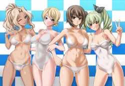 Rule 34 | 4girls, ;d, adjusting bow, alternate hairstyle, anchovy (girls und panzer), arm around back, bikini, black ribbon, blonde hair, blue background, blue eyes, blush, bow, braid, breasts, brown eyes, brown hair, checkered background, closed mouth, commentary request, covered navel, criss-cross halter, darjeeling (girls und panzer), drill hair, frown, girls und panzer, gluteal fold, green hair, grin, hair intakes, hair ribbon, hair up, halterneck, hand on another&#039;s shoulder, head tilt, kay (girls und panzer), large breasts, leaning to the side, locked arms, long hair, looking at viewer, medium breasts, multi-strapped bikini, multiple girls, navel, nishizumi maho, one-piece swimsuit, one eye closed, open mouth, partial commentary, red eyes, ribbon, saitou gabio, short hair, skindentation, smile, standing, swimsuit, tan, tanline, trait connection, twin drills, twintails, v, white bikini, white one-piece swimsuit
