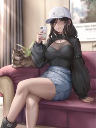 Rule 34 | 1girl, absurdres, bare legs, baseball cap, belt, black footwear, black hair, black shirt, blurry, boots, breasts, brown eyes, cat, cellphone, couch, crossed legs, curtains, denim, denim skirt, depth of field, earrings, feet out of frame, hand up, hat, high-waist skirt, highres, holding, holding phone, hoop earrings, hua-j, indoors, iphone, jewelry, large breasts, long hair, long sleeves, looking at viewer, miniskirt, mole, mole on breast, mole under mouth, necklace, on couch, original, parted bangs, parted lips, phone, puffy long sleeves, puffy sleeves, see-through, shirt, shirt tucked in, shrug (clothing), sitting, skirt, smartphone, solo, sunlight, thighs, white hat