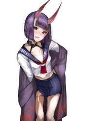 Rule 34 | 1girl, :d, alternate costume, blue skirt, blunt bangs, blush, breasts, collarbone, eyeshadow, fate/grand order, fate (series), foreshortening, hand on own hip, hand on own thigh, head tilt, horns, japanese clothes, kimono, leaning forward, leaning to the side, long sleeves, low neckline, makeup, neckerchief, open clothes, open kimono, open mouth, pleated skirt, purple eyes, purple hair, purple kimono, red neckerchief, school uniform, serafuku, shuten douji (fate), simple background, skin-covered horns, skirt, small breasts, smile, solo, standing, thick eyebrows, tsukino wagamo, tsurime, white background