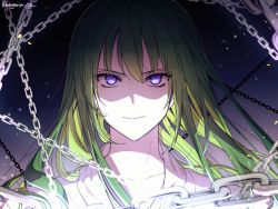 Rule 34 | 1other, artist name, chain, close-up, closed mouth, collarbone, dark background, ede, enkidu (fate), fate/grand order, fate (series), green hair, hair between eyes, highres, kingu (fate), light, long hair, looking at viewer, other focus, purple eyes, robe, shaded face, shadow, simple background, smile, solo, trap, twitter username