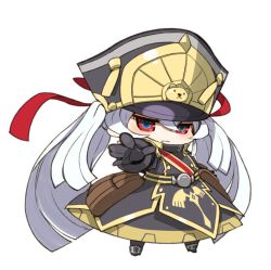 Rule 34 | 1girl, altair (re:creators), chibi, closed mouth, full body, gloves, hat, long hair, looking at viewer, military, military uniform, mota, navel, re:creators, red eyes, shako cap, simple background, solo, uniform, white background, white hair