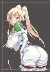Rule 34 | 10s, 1girl, ass, bad id, bakushiishi at, blonde hair, blush, bracelet, braid, breast hold, breasts, elbow gloves, elf, gloves, green eyes, hair ornament, high ponytail, huge breasts, jewelry, lactation, lactation through clothes, large breasts, leafa, leaning, leaning forward, long hair, looking at viewer, looking back, pants, pointy ears, ponytail, puffy sleeves, side braid, simple background, sword art online, white gloves