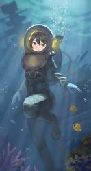 Rule 34 | 1girl, air bubble, alternate costume, brown eyes, brown hair, bubble, cannon, commission, diving helmet, diving suit, dry suit, fish, haruna (kancolle), helmet, highres, kantai collection, oxygen tank, pixiv commission, shipwreck, solo, standard diving dress, tunguu, turret, underwater