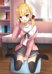 Rule 34 | 1girl, :d, bed, black thighhighs, blonde hair, blunt bangs, blurry, blurry background, blush, book, bookshelf, bow, braid, breasts, cardigan, curtains, cushion, depth of field, fang, full body, grey bow, grey skirt, hair ornament, hair ribbon, hairclip, hand up, highres, indoors, lineflo, long sleeves, looking at viewer, low twintails, medium breasts, no shoes, off shoulder, open cardigan, open clothes, open mouth, original, pink cardigan, pleated skirt, red eyes, red ribbon, ribbon, sailor collar, school uniform, serafuku, shirt, short twintails, sitting, skirt, sleeves past wrists, smile, solo, thighhighs, twintails, wariza, white sailor collar, white shirt, window, wooden floor, zabuton
