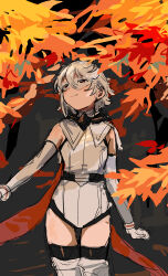 Rule 34 | 1girl, absurdres, autumn, bare shoulders, belt, black belt, black thighhighs, blush, closed mouth, elbow gloves, eye mask, gloves, grey gloves, grey hair, grey leotard, grey thighhighs, hair between eyes, highres, leotard, looking to the side, looking up, short hair, shy (character), shy (series), smile, solo, takatisakana, thighhighs