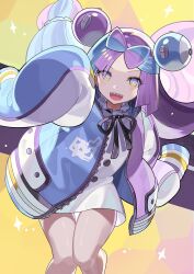 Rule 34 | 1girl, alternate color, black ribbon, blue hair, bow-shaped hair, character hair ornament, commentary request, cosplay, creatures (company), falken (yutozin), game freak, hair ornament, highres, iono (pokemon), jacket, long hair, looking at viewer, multicolored hair, nintendo, one piece, pokemon, pokemon sv, purple eyes, purple hair, ribbon, sharp teeth, sleeves past fingers, sleeves past wrists, solo, teeth, thighs, two-tone hair, uta (one piece), uta (one piece) (cosplay)