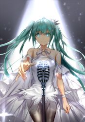 Rule 34 | 1girl, bad id, bad pixiv id, cowboy shot, ddaomphyo, dress, green eyes, green hair, hatsune miku, highres, long hair, looking at viewer, microphone, microphone stand, outstretched arm, pantyhose, smile, solo, twintails, very long hair, vocaloid, white dress