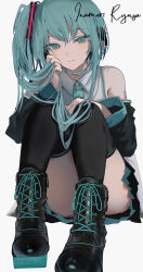 1girl alternate_hairstyle ankle_boots black_footwear black_skirt black_sleeves black_thighhighs boots collared_shirt colored_shoe_soles commentary cross-laced_footwear crossed_bangs detached_sleeves expressionless full_body green_eyes green_hair green_necktie grey_shirt hand_in_own_hair hatsune_miku highres inaeda_kei lace-up_boots long_hair looking_at_viewer necktie platform_footwear shirt side_ponytail sidelocks simple_background sitting skirt sleeveless sleeveless_shirt solo thighhighs vocaloid white_background