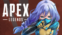 Rule 34 | 1girl, apex legends, blue bodysuit, blue bow, blue hair, bodysuit, bow, braid, copyright name, cosplay, depths of the void wraith, green eyes, hair between eyes, hair bow, holding, holding knife, huleito, knife, kunai, leaning forward, logo, mask, mouth mask, nijisanji, red background, solo, virtual youtuber, weapon, wraith&#039;s kunai, wraith (apex legends), wraith (apex legends) (cosplay), yuuki chihiro