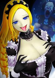 Rule 34 | 1girl, blonde hair, blue eyes, breasts, cleavage, collar, elbow gloves, eta37, gloves, grabbing own breast, hands on own breasts, large breasts, long hair, long sleeves, looking at viewer, maid, maid headdress, monster girl, overlord (maruyama), saliva, smile, solo, solo focus, solution epsilon, tongue, tongue out
