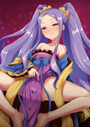 Rule 34 | 1girl, bare shoulders, barefoot, blush, breasts, cleavage, dress, fate/grand order, fate (series), long hair, long sleeves, looking at viewer, medium breasts, naughty face, off shoulder, pink eyes, presenting, purple hair, robe, smile, solo, spread legs, sweat, twintails, very long hair, wide sleeves, wu zetian (fate), yunodon (sugar maple)