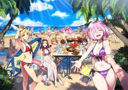 Rule 34 | 4boys, 6+girls, ahoge, animal ears, artoria pendragon (all), artoria pendragon (fate), artoria pendragon (swimsuit archer) (first ascension) (fate), atalanta (fate), beach, bikini, black male swimwear, black swim trunks, blonde hair, blue male swimwear, blue swim trunks, blush, bottle, breasts, character request, cleopatra (fate), closed eyes, cooking, dark-skinned female, dark-skinned male, dark skin, day, eating, edward teach (fate), elizabeth bathory (fate), elizabeth bathory (fate/extra ccc), fate/grand order, fate (series), fishing rod, florence nightingale (fate), food, fou (fate), fox ears, francis drake (fate), fujimaru ritsuka (female), fujimaru ritsuka (male), gilgamesh (fate), green eyes, grill, grilling, hair intakes, hans christian andersen (fate), holding, holding surfboard, jack the ripper (fate/apocrypha), jeanne d&#039;arc (fate), jeanne d&#039;arc alter santa lily (fate), julius caesar (fate), large breasts, leonardo da vinci (fate), long hair, looking at viewer, male swimwear, marie antoinette (fate), marie antoinette (swimsuit caster) (third ascension) (fate), mash kyrielight, medium breasts, medjed (fate), mordred (fate), mordred (fate/apocrypha), mordred (swimsuit rider) (first ascension) (fate), multiple boys, multiple girls, nero claudius (fate), nero claudius (fate) (all), nero claudius (swimsuit caster) (fate), nitocris (fate), nursery rhyme (fate), ocean, open mouth, ozymandias (fate), parted bangs, pink hair, print male swimwear, print swim trunks, print swimsuit, purple eyes, purple hair, red bikini, redrop, ribbon, saber (fate), scathach (fate), side-tie bikini bottom, smile, summer, sunglasses, surfboard, swim briefs, swim trunks, swimsuit, tabard, tamamo (fate), tamamo no mae (fate/extra), william shakespeare (fate), yellow male swimwear, yellow swim briefs