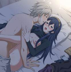 Rule 34 | 1boy, 1girl, ameno (a meno0), bad id, bad pixiv id, bed, black shirt, blouse, blue eyes, blue hair, blush, bottomless, breasts, clothed sex, clothes lift, clothes pull, fire emblem, fire emblem awakening, from above, hair between eyes, heavy breathing, hetero, indoors, long hair, lucina (fire emblem), lying, missionary, nintendo, nipples, on back, open mouth, pillow, robin (fire emblem), robin (male) (fire emblem), sex, shirt, shirt lift, short hair, small breasts, sweat, tiara, topless, vaginal