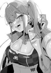 Rule 34 | 1girl, :d, absurdres, ahoge, blush, breasts, cleavage, collar, facial tattoo, fang, gloves, goddess of victory: nikke, greyscale, hair ribbon, heart, heart tattoo, highres, jackal (nikke), jacket, large breasts, long hair, monochrome, multicolored hair, open mouth, ribbon, side ponytail, sidelocks, skin fang, smile, solo, sports bra, stomach tattoo, streaked hair, tattoo, tongue, tongue out, upper body, yahuillust