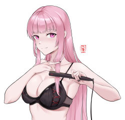 Rule 34 | 1girl, absurdres, black nails, bra, breast press, breasts, damobelmont, hair straightener, highres, holding, holding own hair, hololive, hololive english, large breasts, long hair, looking at viewer, mori calliope, nail polish, pink eyes, pink hair, simple background, solo, underwear, virtual youtuber, white background