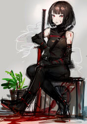 Rule 34 | 1girl, absurdres, armpit crease, bare shoulders, black footwear, black gloves, black hair, black pants, black shirt, blood, boots, breasts, chuhaibane, crossed legs, detached sleeves, gloves, highres, limbus company, long sleeves, looking at viewer, medium breasts, pants, plant, pool of blood, potted plant, project moon, red eyes, ryoshu (project moon), shirt, short hair, simple background, sitting, solo, white background